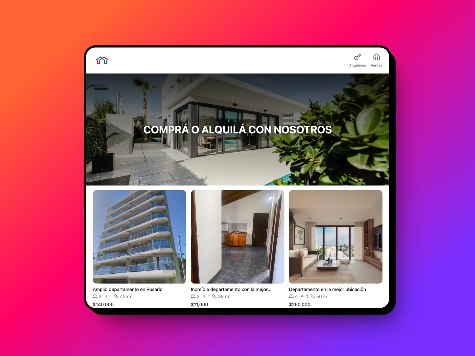 Real estate platform displaying property listings with CMS-powered content